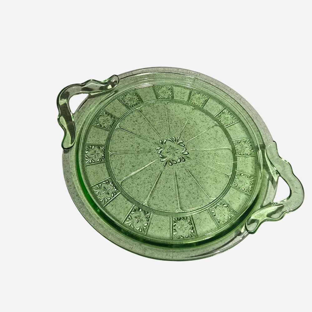 Vintage Jeannette Doric Green Depression Glass Double Handled Sandwich Tray Plat